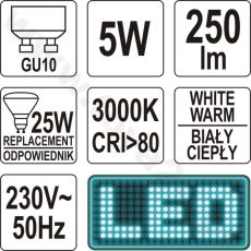 YT-81861 230V/5W LED GU10 250lm 3000K MELEGFEHÉR